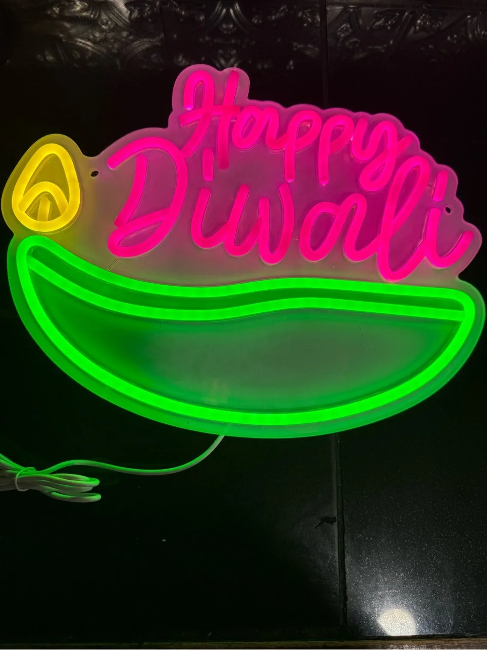 Happy Diwali Neon Sign - Pink and Green LED Diya Accent